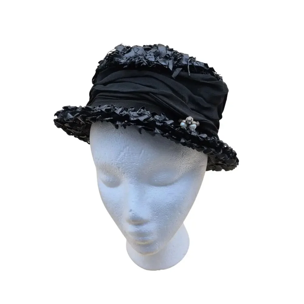 Vintage Womens Black Straw Trilby Hat with Pearl & Rhinestone Pin Accent Small